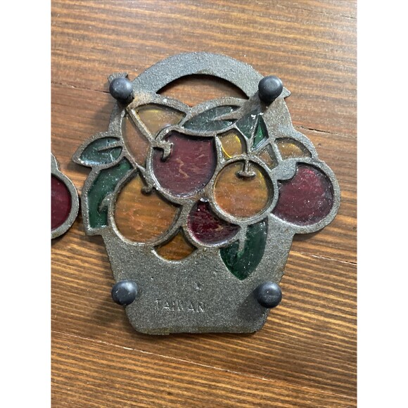 2 Vintage Stained Glass Cast Iron Metal Trivet Cherries in a Basket 5.5" Lot - Picture 9 of 10